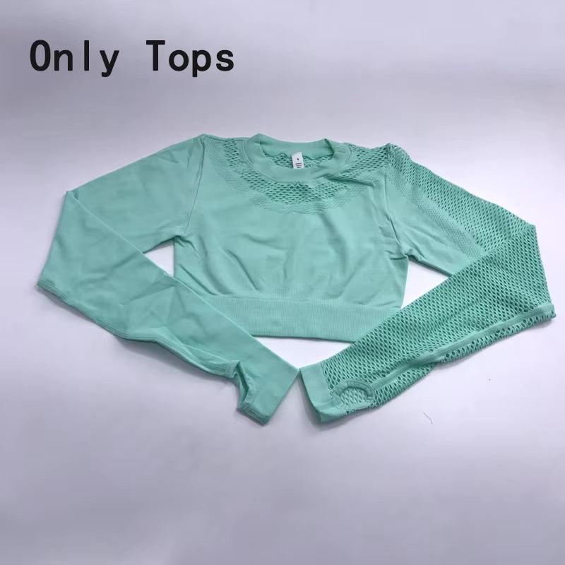 Yoga Sets Women Gym Clothes Seamless Long Sleeve Crop Tops Mesh Sports Leggings Running Workout High Waist Pants Fitness Wear