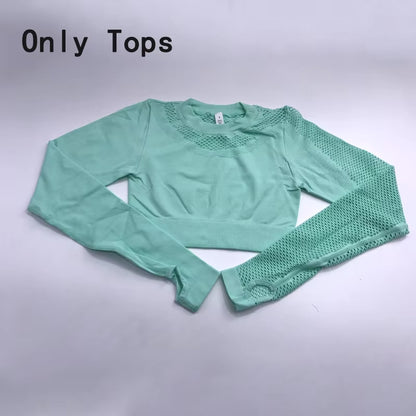Yoga Sets Women Gym Clothes Seamless Long Sleeve Crop Tops Mesh Sports Leggings Running Workout High Waist Pants Fitness Wear
